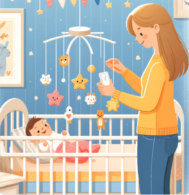 모빌을 달아주는 엄마와 달아준 모빌을 보는 아이 관련 그림