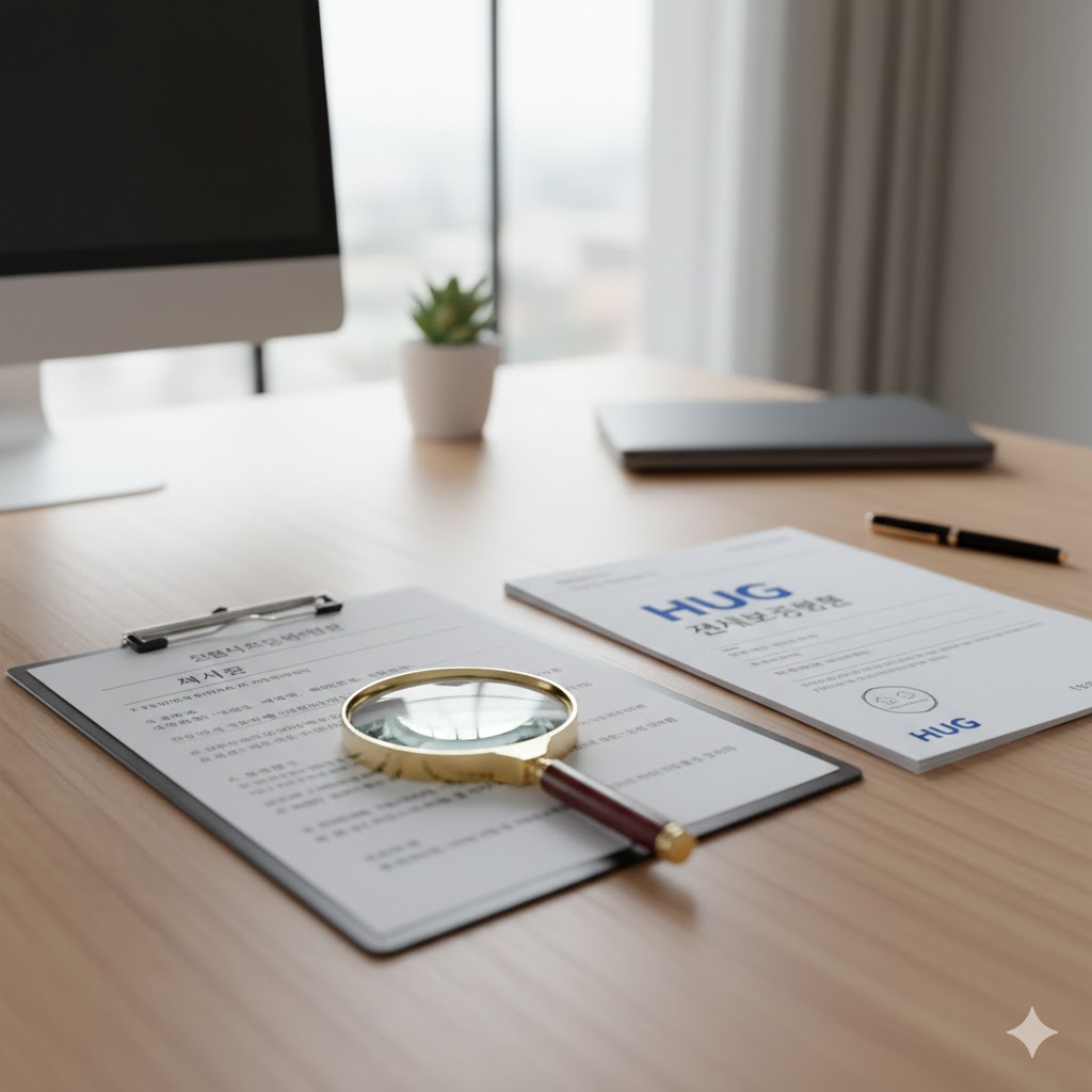 부동산 계약서와 함께 놓인 돋보기, HUG 로고가 보이는 서류들