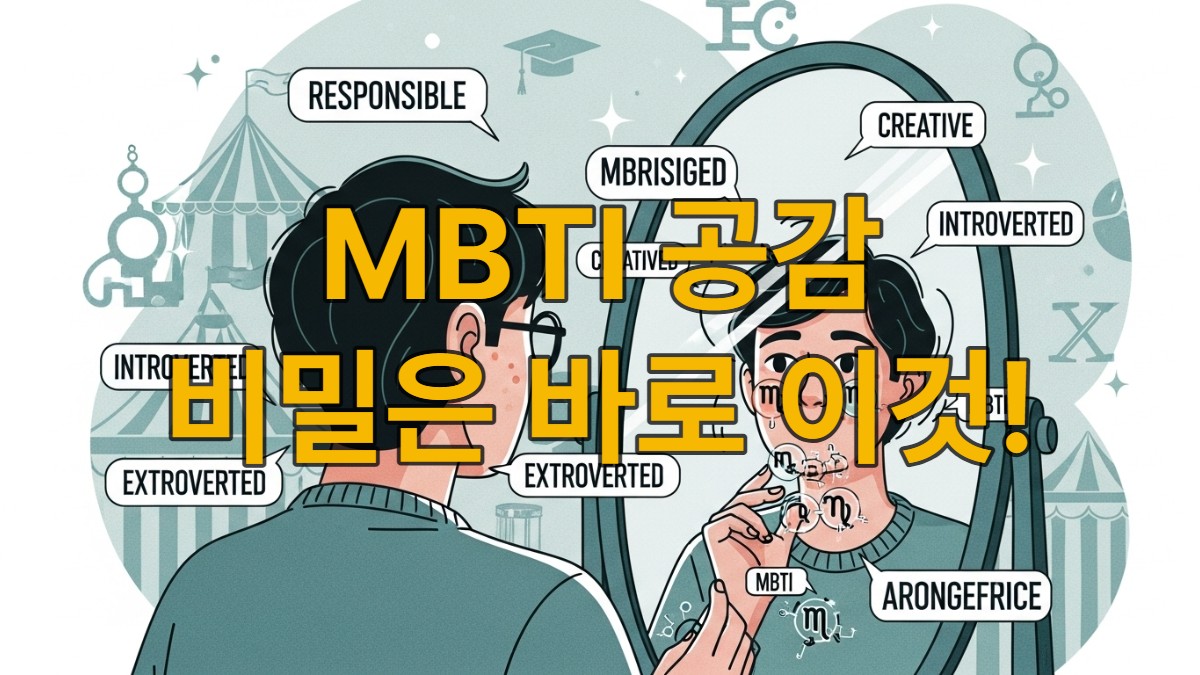 MBTI 유형과 바넘 효과에 공감하는 사람이 자신을 비춰보는 거울 앞에 서 있고, 주변에 일반적인 성격 특성들이 떠다니는 모습의 삽화.