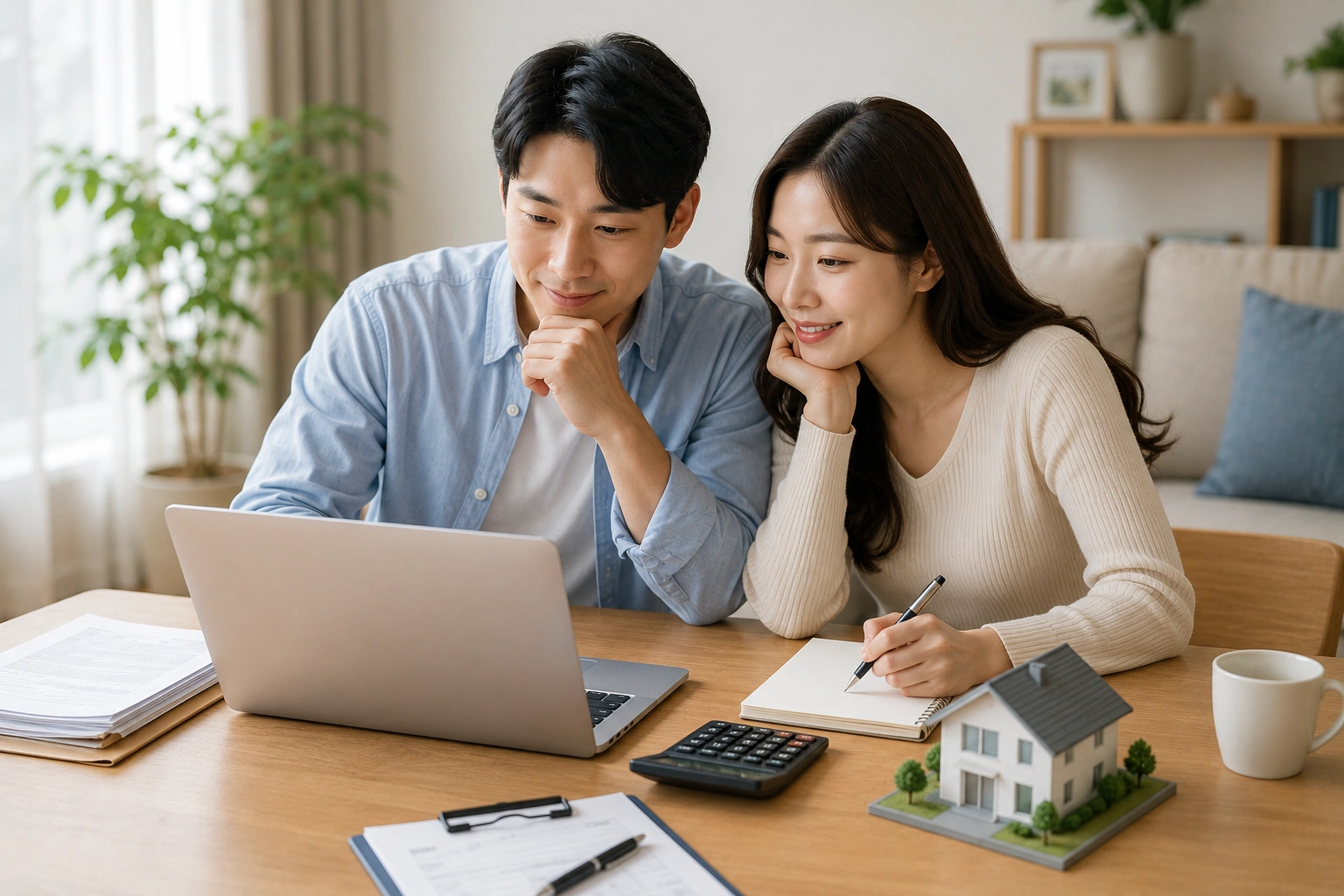 디딤돌대출 신청 전 자격과 대출 가능 여부를 확인하기 위해 노트북으로 정보를 살펴보는 한국인 신혼부부의 모습