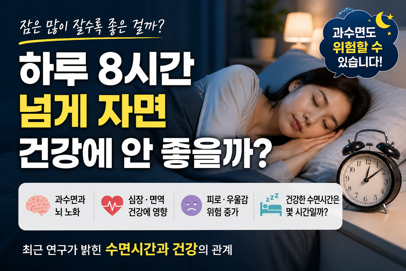 하루 8시간 이상 수면이 건강에 미치는 영향과 적정 수면 시간에 대한 안내 이미지