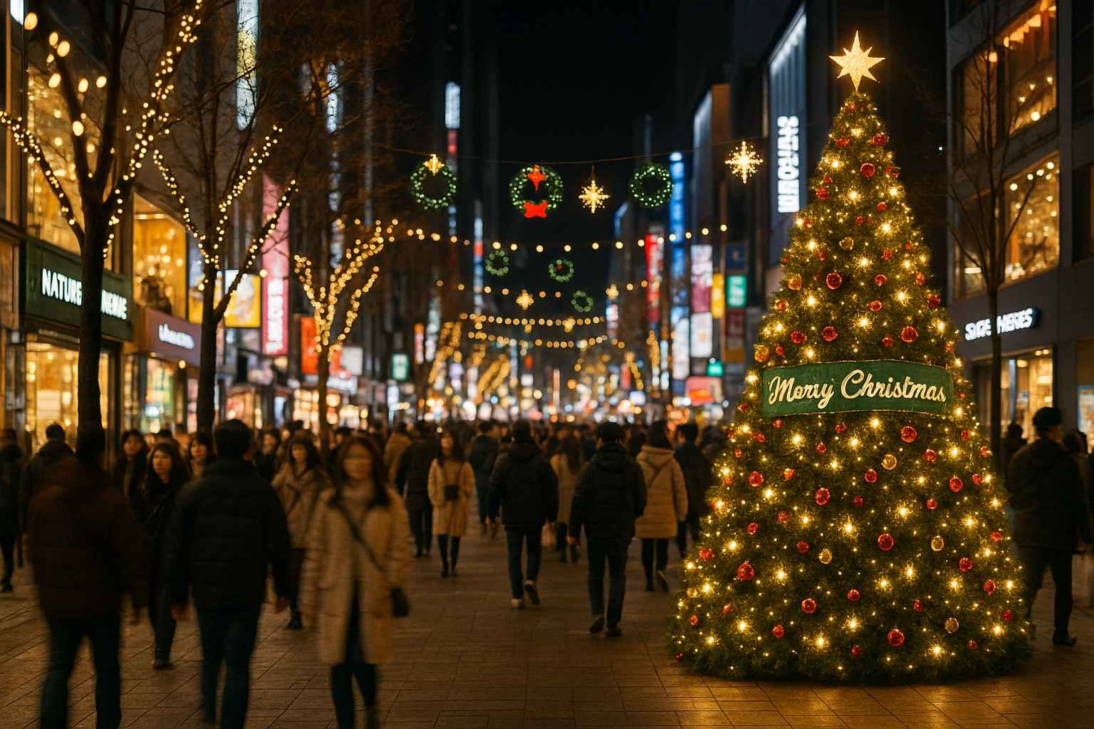 명동 거리의 크리스마스 조명이 빛나는 거리의 모습