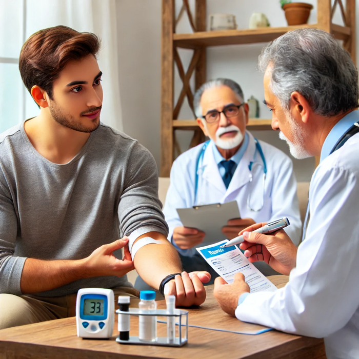 병원에서 의사와 상담 중인 중년 성인의 모습.