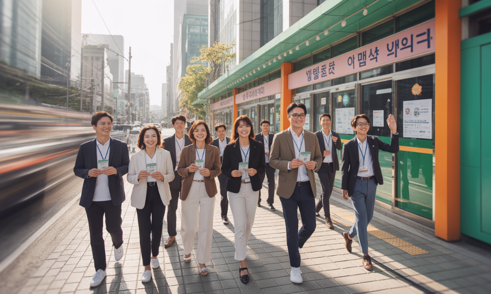 제21대 대통령선거 투표소로 향하는 다양한 연령대의 유권자들이 미소를 지으며 실물 및 모바일 신분증을 들고 있는 모습.