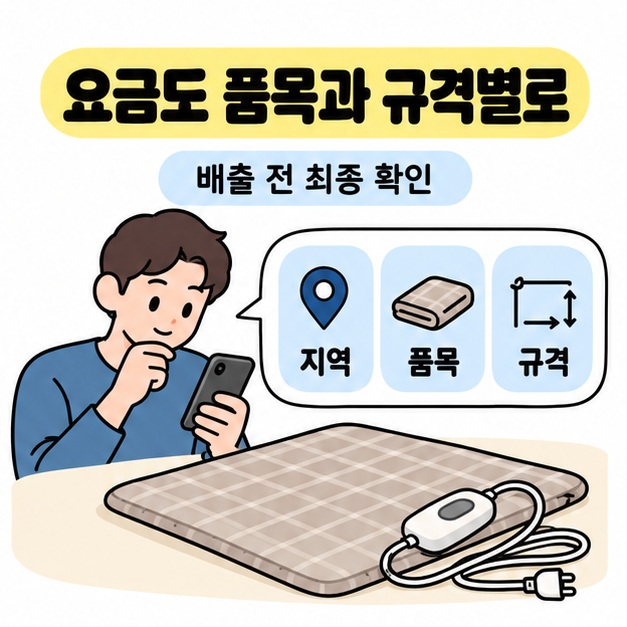 남성이 펼쳐진 전기장판 옆에서 스마트폰을 보며 지역과 품목, 규격에 따른 배출 요금을 최종 확인하는 모습