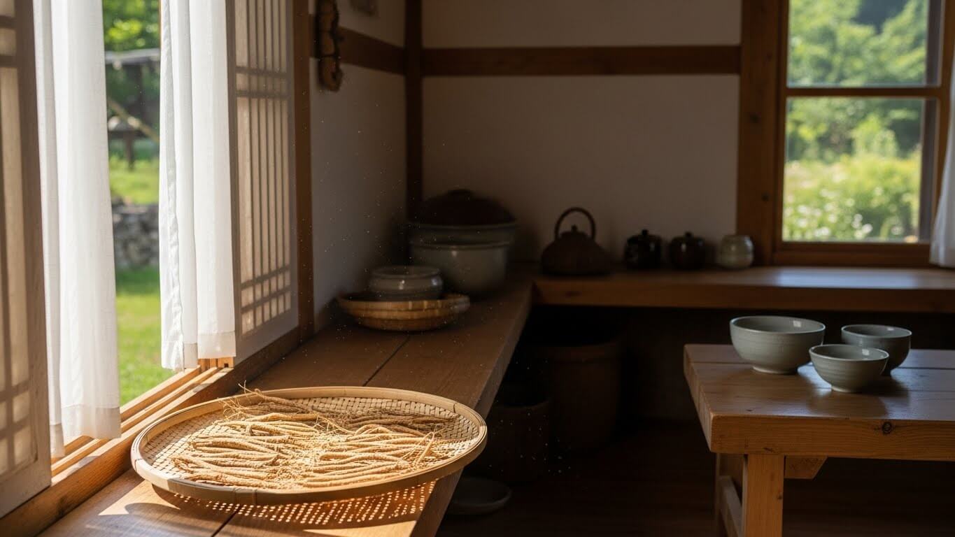 자연광이 드는 주방 창가에서 체에 말린 우슬을 생활 재료로 보관한 모습