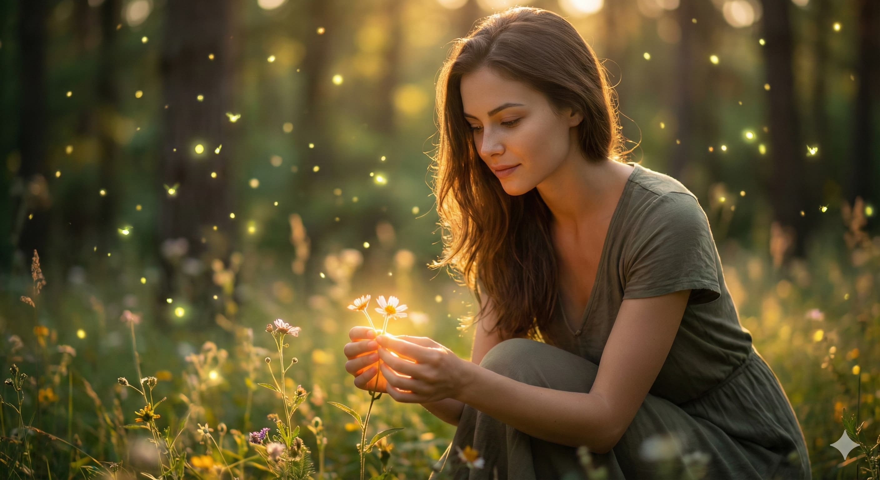 숲 속에서 꽃을 어루만지며 치유의 빛을 내는 여성 모델, 지역 의료의 따뜻한 감동과 생명 존중