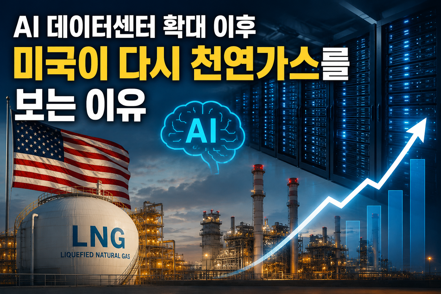 AI 데이터센터 확대 이후 미국 전력 시장에서 천연가스와 LNG 산업이 다시 주목받는 흐름을 표현한 썸네일 이미지입니다. 미국 국기와 LNG 저장탱크, AI 서버 데이터센터, 발전소 시설, 상승 그래프가 함께 배치되어 있으며 AI 전력 수요 증가와 에너지 인프라 투자 확대 흐름을 상징적으로 보여줍니다.