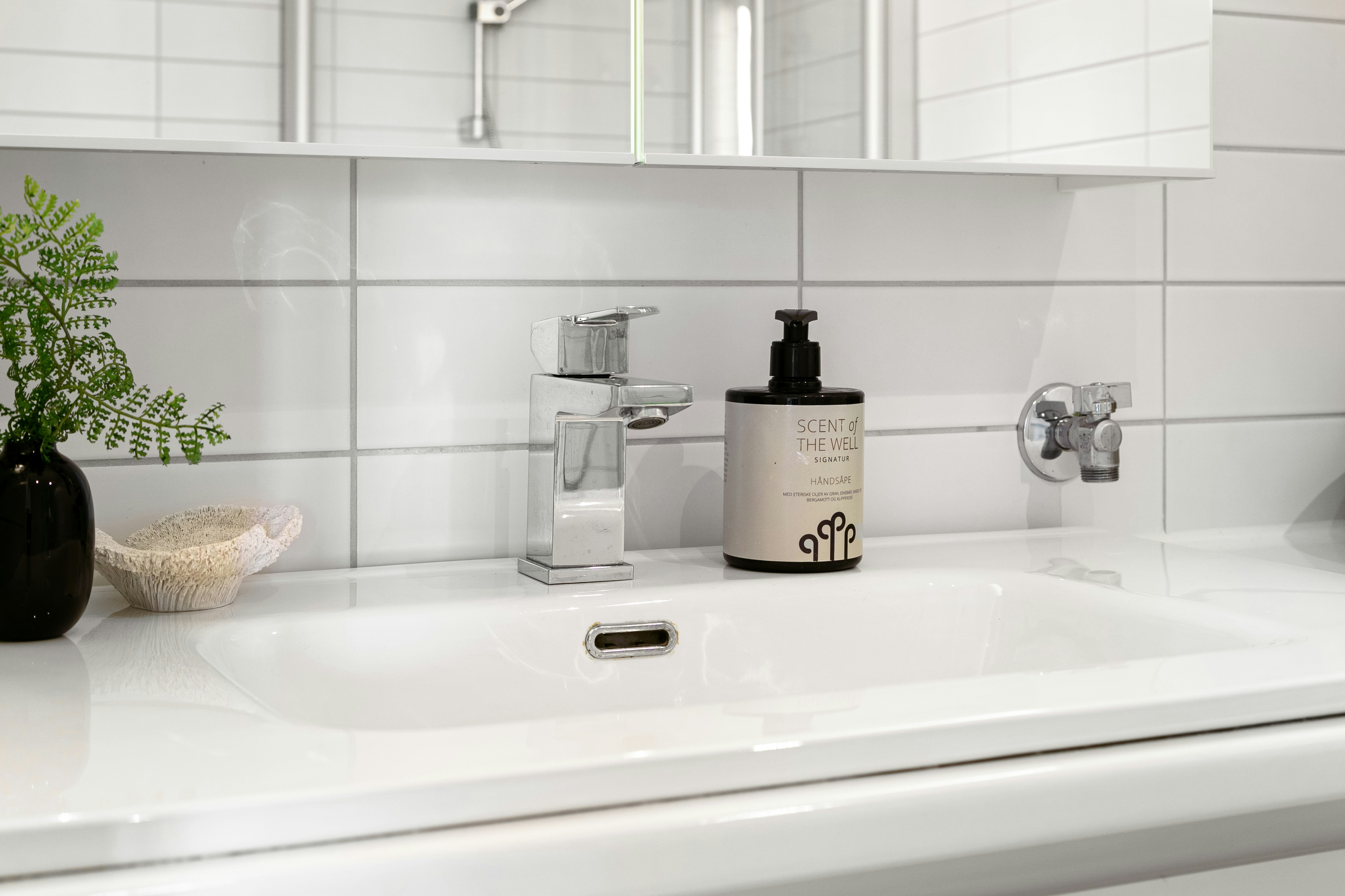 세면대 위에 놓인 지성 피부용 클렌징 제품