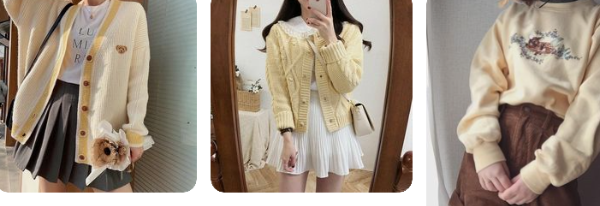 버터엘로우니트카디건과 미니스커트 스타일링 (출처: Pinterest) 클릭시 확대됩니다