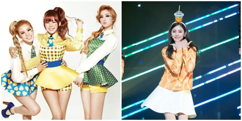 캐주얼하고 공주풍 의상을 입고 있는 오렌지캬라멜 그룹과 나나