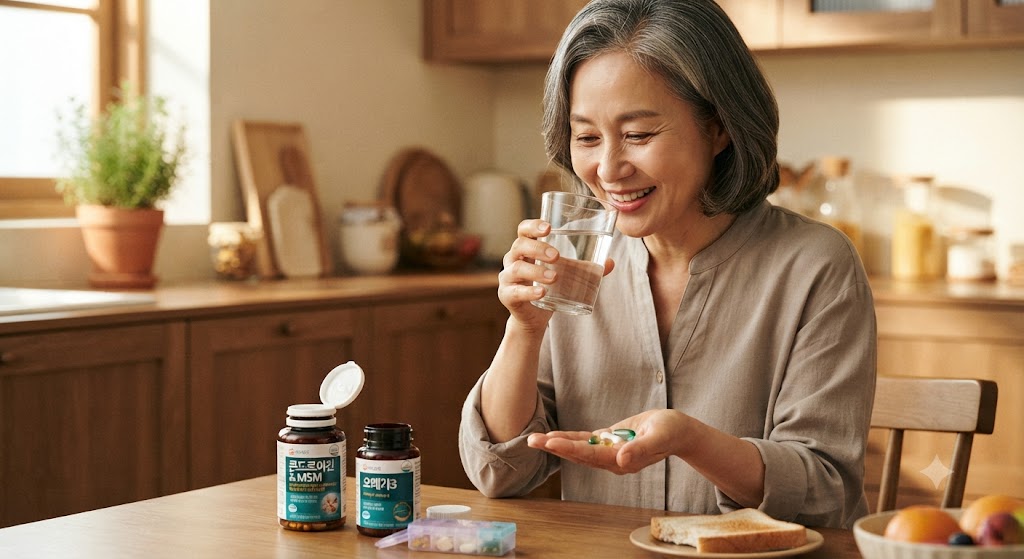 연골 탄력을 유지하기 위해 콘드로이친과 오메가3등 연골 관절 연양제를 챙겨 먹는 중년 여성