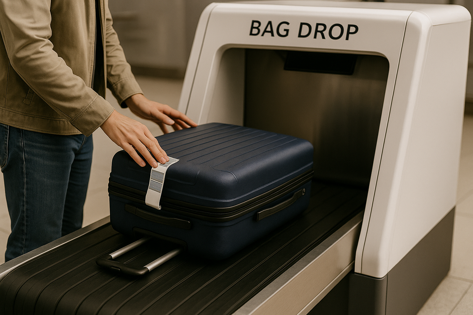 인천공항 Bag Drop 기계 위에 수하물을 올려두는 모습