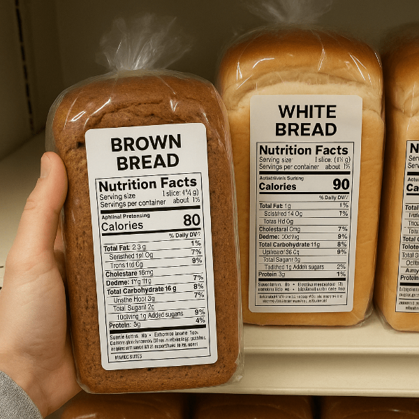 어두운색의 빵과, 하얀색의빵을 비교하는 소비자의 손