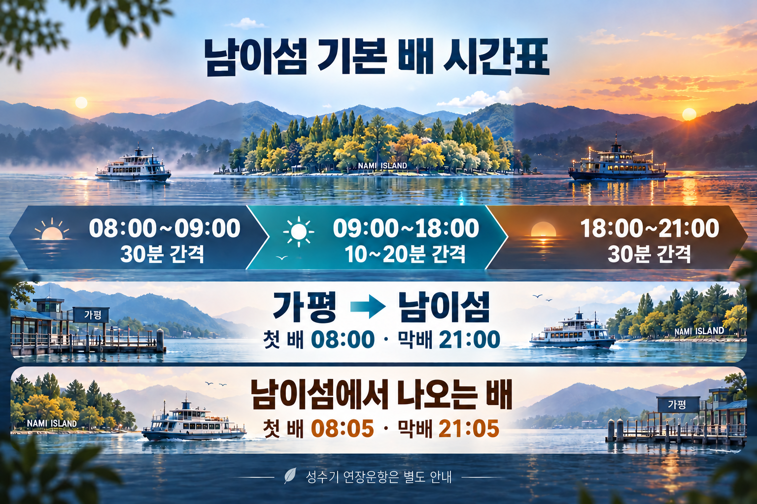 남이섬 기본 시간대별 배차 간격과 입도·출도 첫 배 및 막배 시각