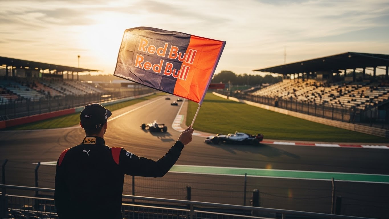 F1 그랑프리 직관 팬의 뒷모습과 노을 진 서킷의 감동적인 풍경