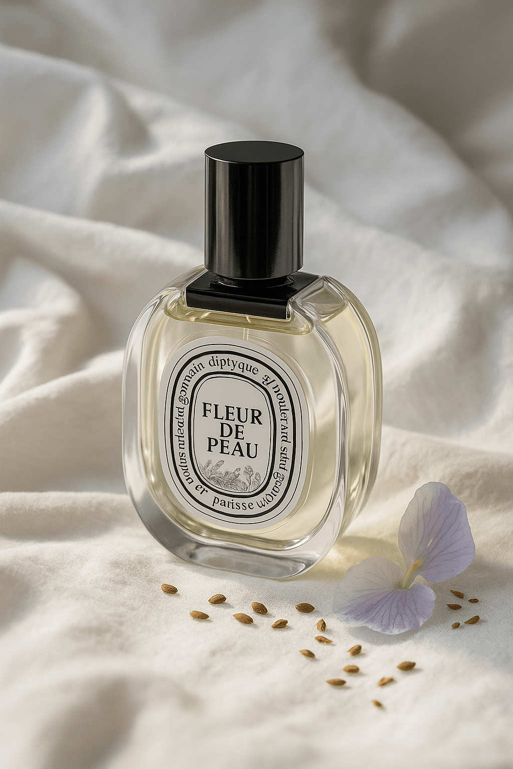 니치향수 딥티크 ‘플레르 드 뽀’ 75 ml 향수병이 부드러운 코튼 시트 위에 놓여 있고, 옆에는 라벤더빛 아이리스 꽃잎과 앰브레트 씨앗이 흩어져 있다