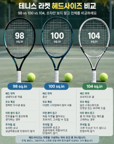 테니스 라켓 헤드사이즈 98 vs 100 vs 104, 초보자는 숫자보다 무엇을 먼저 봐야 할까?
