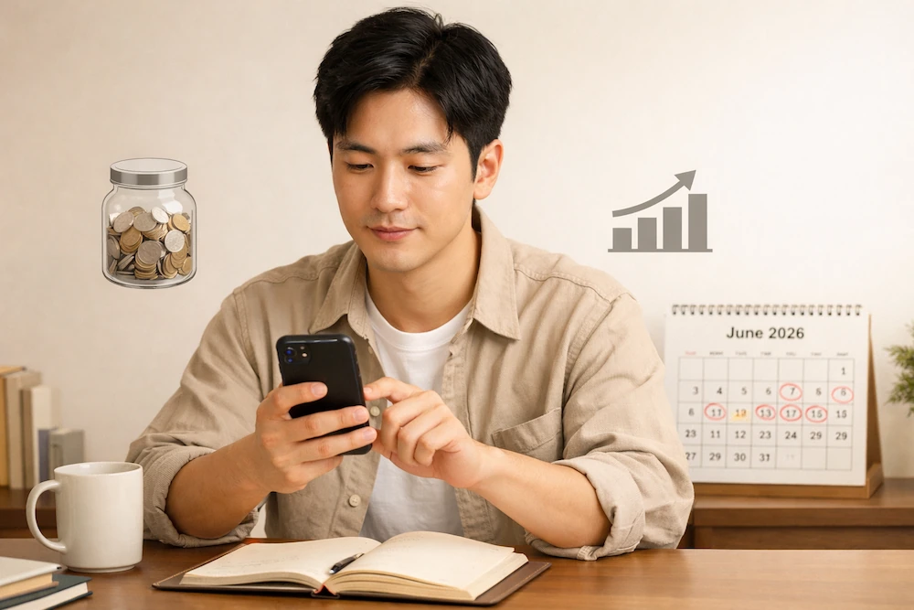 청년이 스마트폰으로 적금 정보를 확인하는 장면