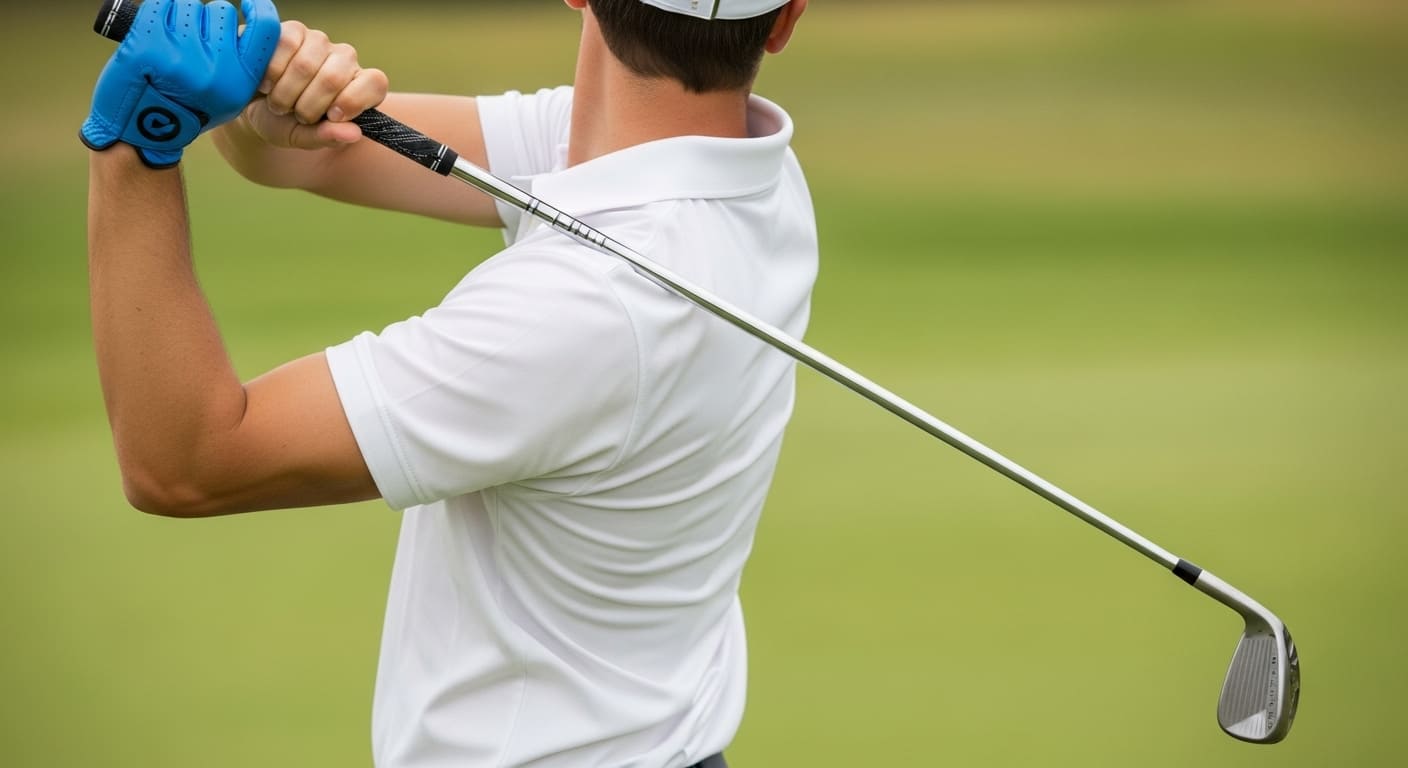 골프 백스윙 탑 자세에서 올바른 몸통 회전과 클럽 위치를 보여주는 모습