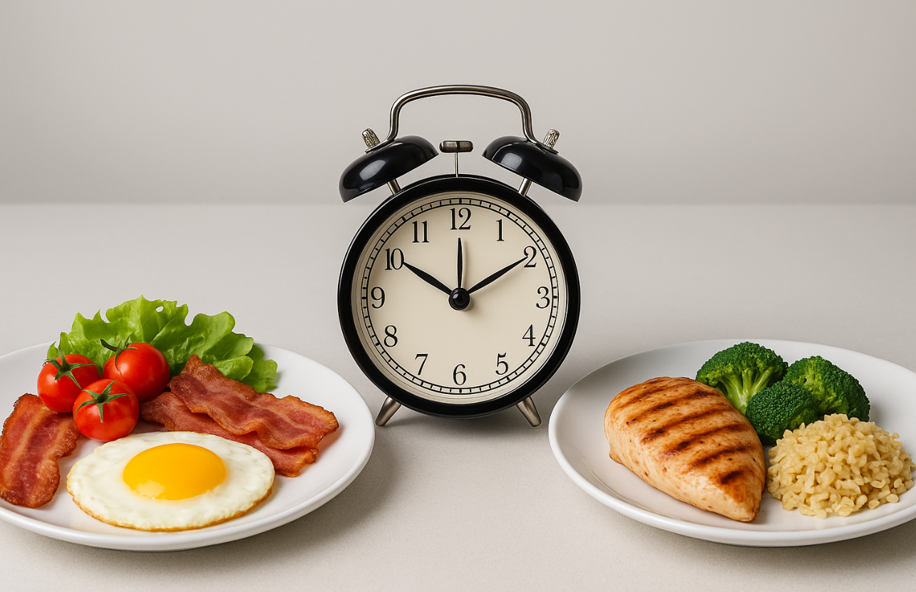 시계를 중심으로 양쪽의 건강한 식사 이미지