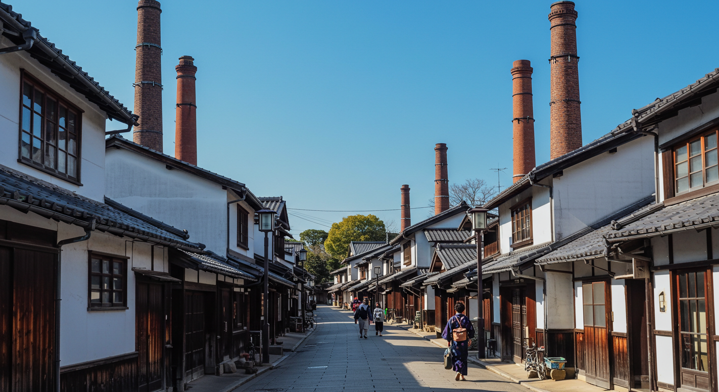 전통적인 일본 사케 양조장 건물이 늘어선 고즈넉한 거리