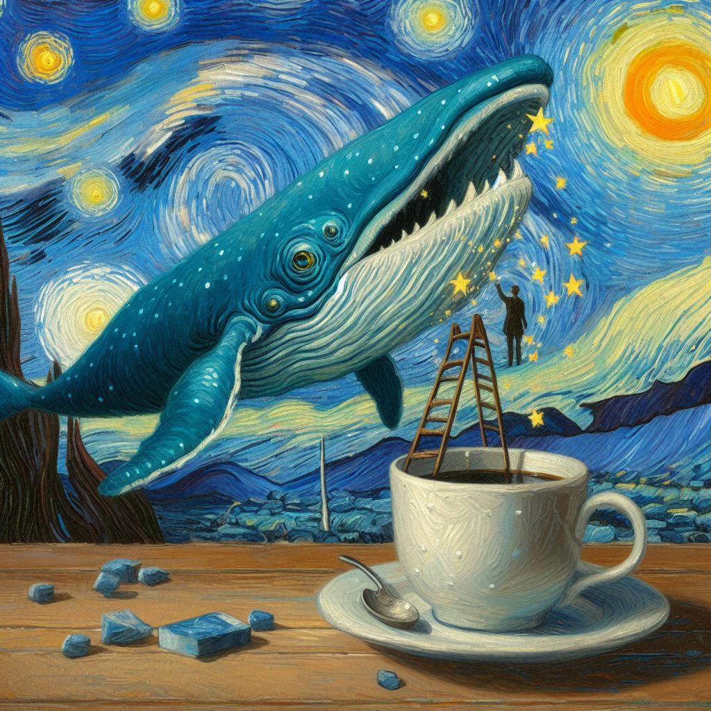 커피잔 속 거울 계단을 오르며 별빛을 삼키는 고래 - 초현실, 반고호스타일, 임파스토