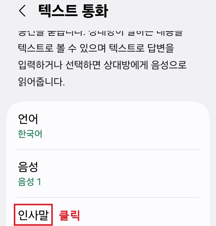 텍스트 통화 페이지에서 인사말 메뉴 보임