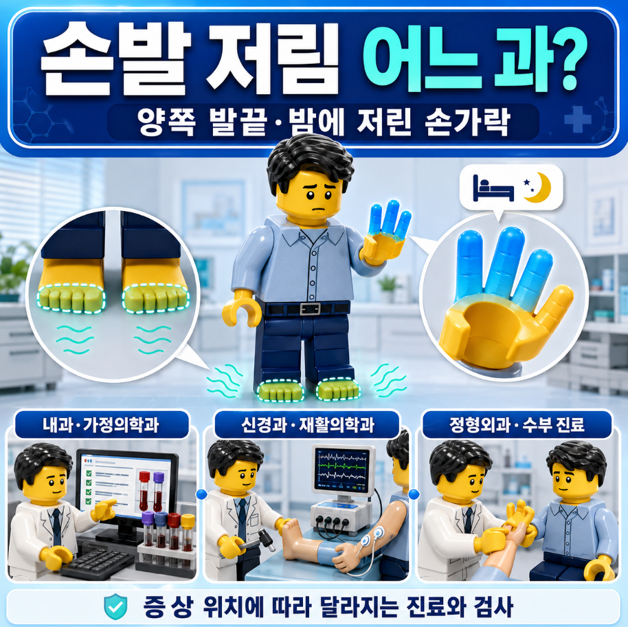 손발 저림이 있을 때 어느 진료과에서 시작해야 하는지 양쪽 발끝 저림과 밤에 저린 손가락을 비교해 보여주는 레고 스타일 대표 이미지