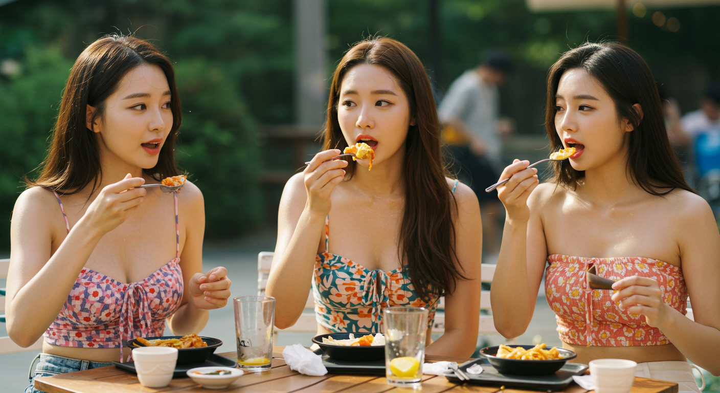 더위속 야외에서 음식을 먹는 여자들