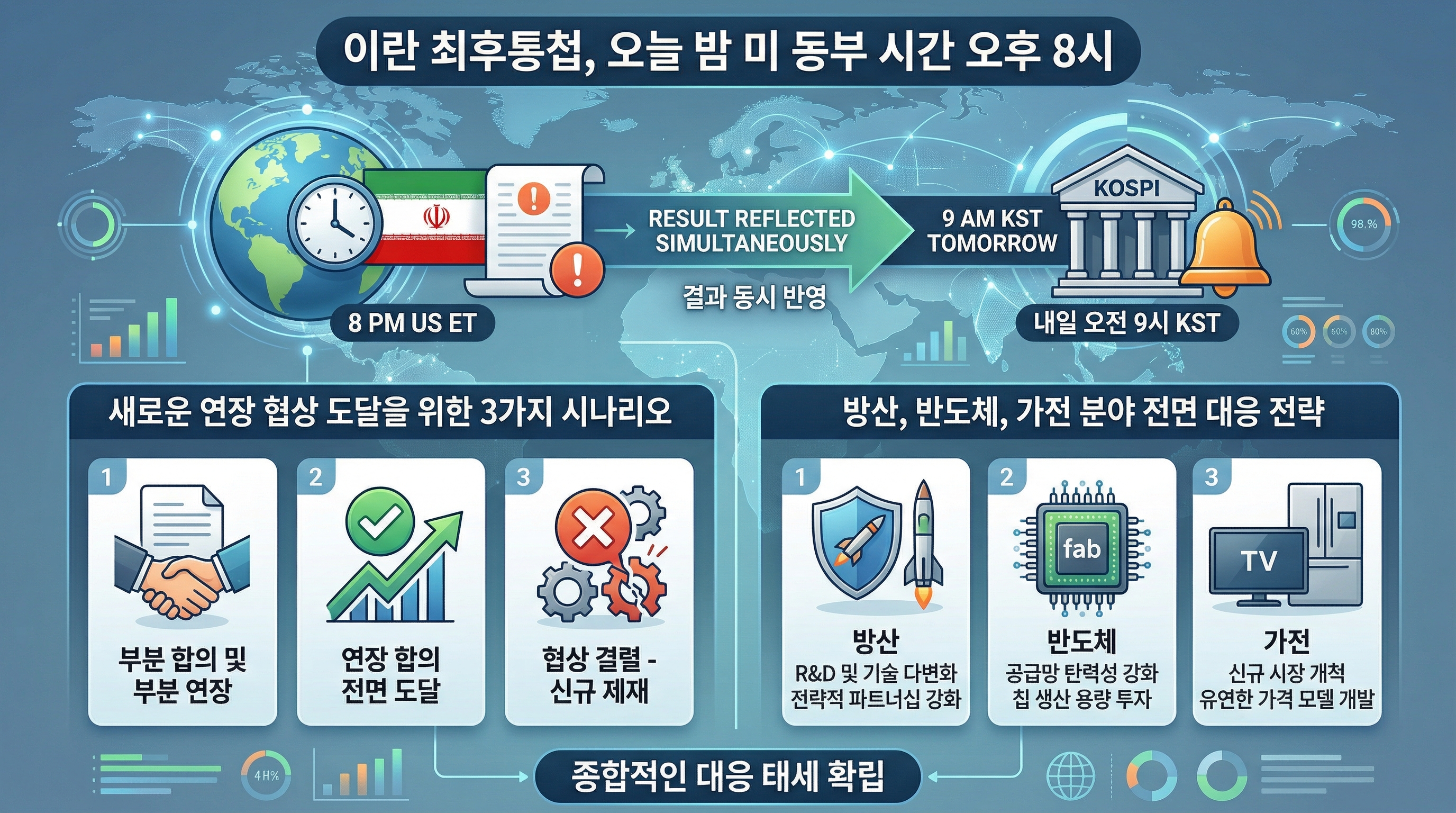 이란 최후통첩 오늘 밤 미 동부 8시 한국시간 내일 오전 9시 코스피 개장 동시 결과 반영 강행 재연장 협상 타결 3가지 시나리오 방산 반도체 가전 완전 대응 전략