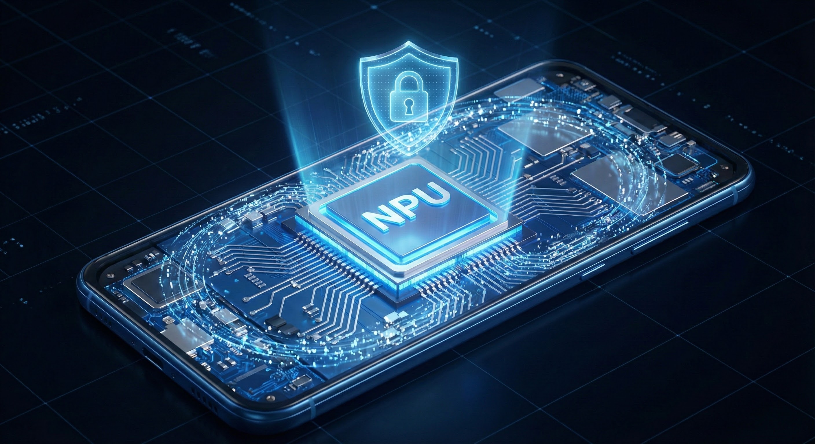 스마트폰 내부 NPU 칩셋에서 모든 데이터가 처리되는 온디바이스 AI 기술을 시각화한 개념도. 외부 서버 전송 없이 기기 내에서 안전하게 처리됨을 나타내는 홀로그램 보안 방패 아이콘이 강조되어 있다.