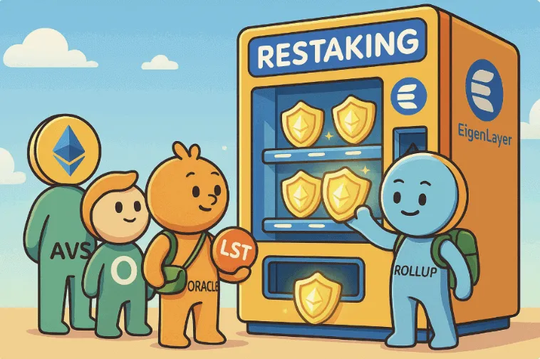 리스테이킹(Restaking) 자판기 앞에 AVS, ORACLE, LST, ROLLUP 캐릭터들이 줄을 서 있는 픽사풍 일러스트 이미지. EigenLayer가 보안 자산을 나누어주는 구조를 유쾌하고 직관적으로 표현함.
(Glowing security shields, AVS and Rollup characters, EigenLayer restaking metaphor &ndash; cartoon style)