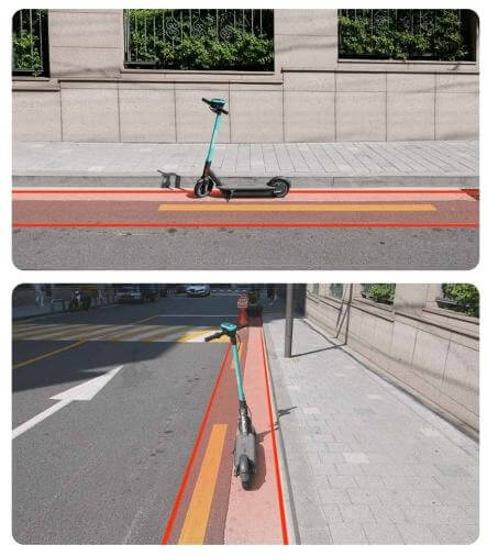 위이미지 차도 붉은색 위 전동킥보드 아래이미지 차도 가장자리 붉은색 위 전동킥보드