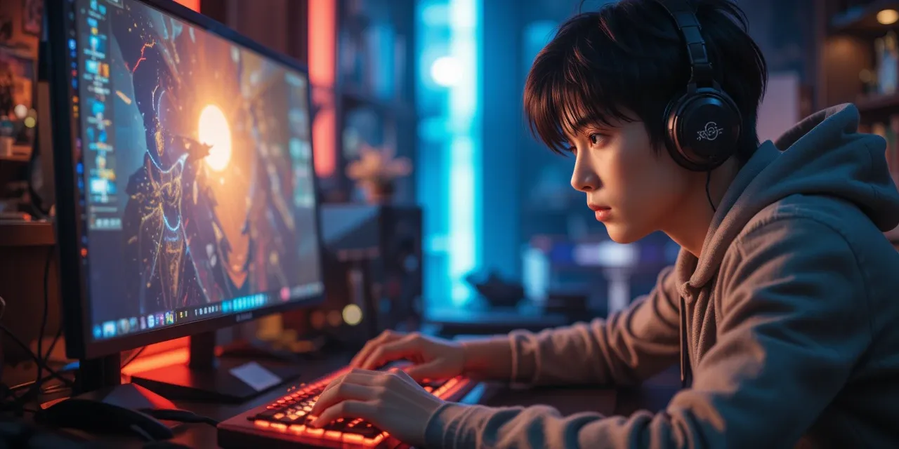 게이밍 환경에서 기계식 키보드를 사용하며 몰입하는 장면