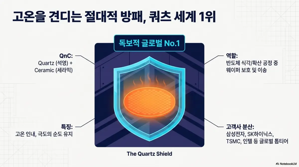 원익QnC 주가 전망: 고온을 견디는 방패로 표현한 원익QnC의 쿼츠 세계 1위 경쟁력 인포그래픽. 쿼츠와 세라믹의 역할, 고온 인내 특징, 삼성전자·SK하이닉스·TSMC 등 분산된 고객사를 시각적으로 전달하며, 블로그의 원익QnC 사업 구조와 관련된 내용을 설명함