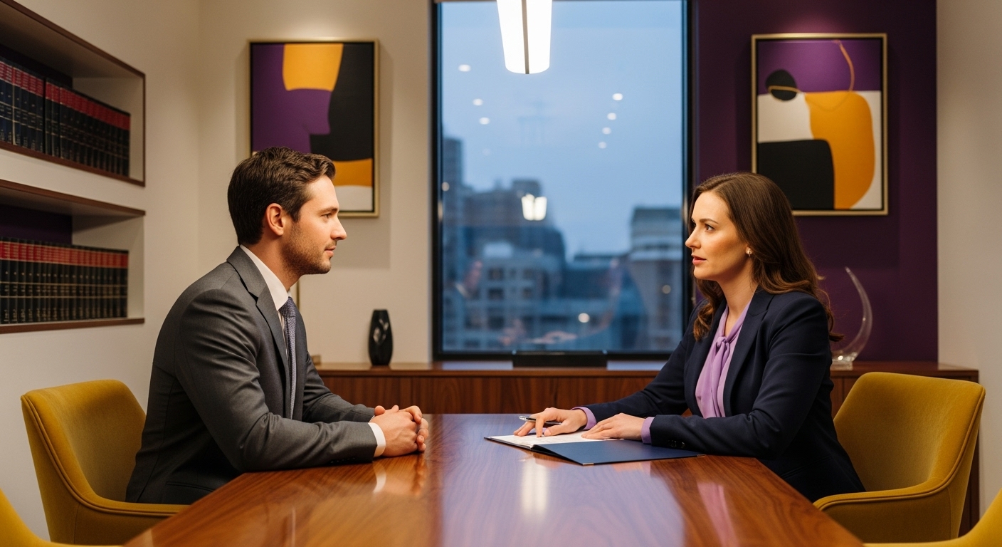 부동산 법률 문제로 변호사와 심도 깊은 상담을 나누는 의뢰인의 모습