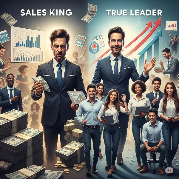 세 명의 밝은 표정의 사업가가 태블릿을 함께 보며 그래프를 분석하는 모습, 주변에는 상승하는 화살표와 성장 관련 아이콘들이 떠다님. 협력을 통해 더 큰 성과를 만들어내는 시너지 효과를 표현.
'판매왕'에서 '진정한 리더' 변화한 이미지