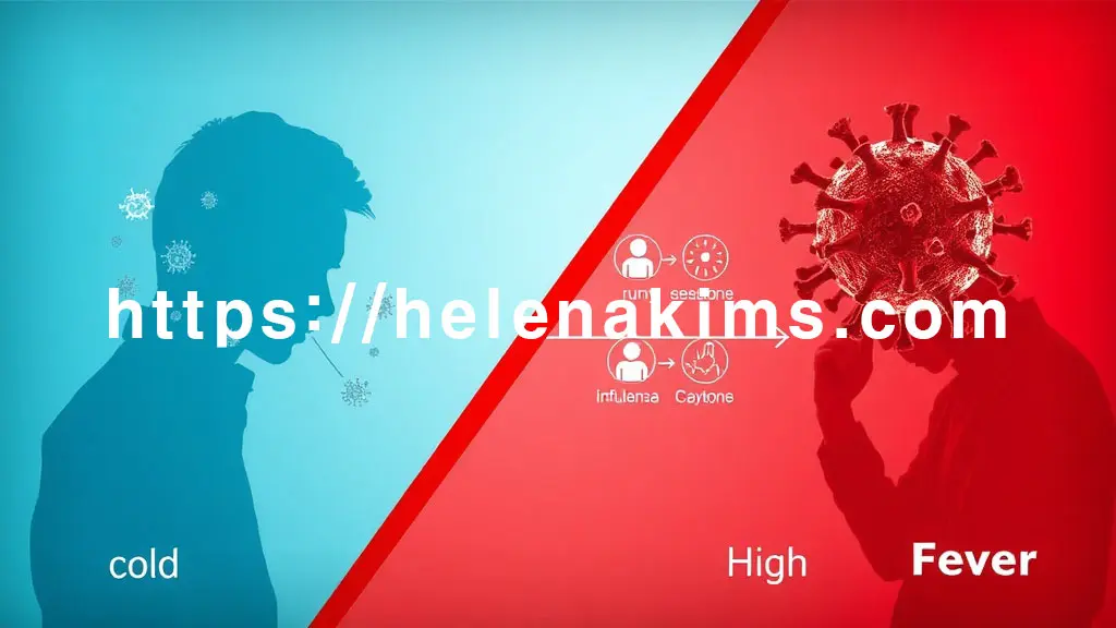 화면을 대각선으로 분할하여 감기와 독감의 차이를 명확히 보여준다. 왼쪽은 연한 푸른색 톤으로 작고 다양한 바이러스 아이콘과 재채기하는 사람의 모습, 오른쪽은 강렬한 붉은색 톤으로 거대한 인플루엔자 바이러스와 고열로 힘들어하는 사람의 이미지.