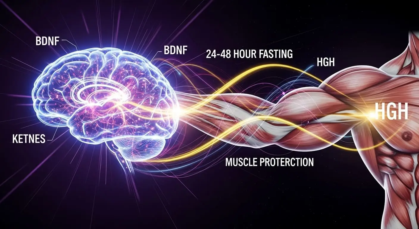 단식 24~48시간 동안 뇌 기능이 활성화되고 근육이 보존되는 과정을 형상화한 이미지. 빛나는 뇌와 튼튼한 근육이 에너지를 주고받는 모습.