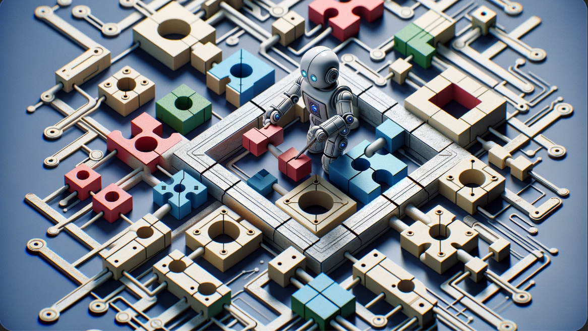 로봇이 다양한 모양의 구멍에 블록을 맞추고 있는 모습