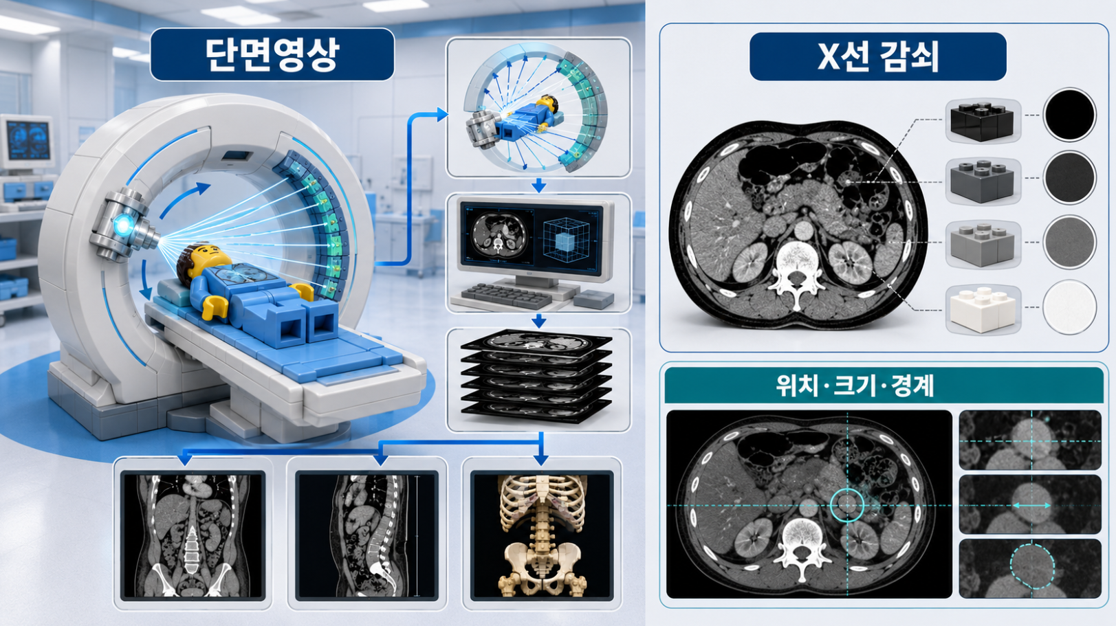 CT가 X선을 이용해 단면영상을 만들고 조직별 감쇠 차이를 보여주는 원리를 설명하는 의료 인포그래픽