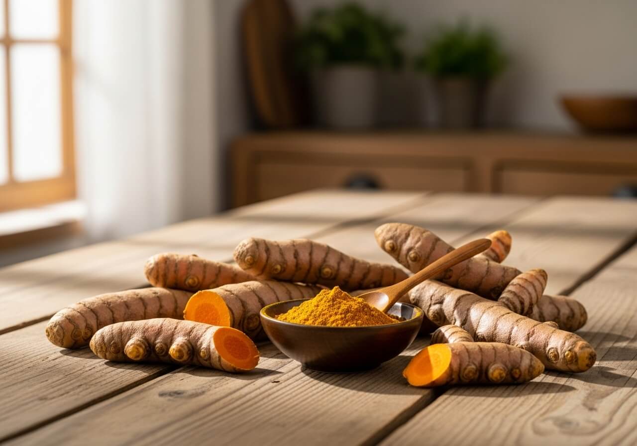 나무 식탁 위 신선한 강황 뿌리와 노란 강황가루, 자연광이 비치는 건강식 이미지