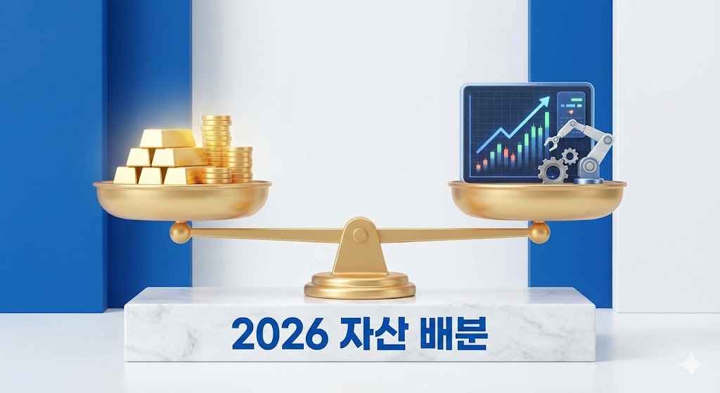 금, 주식, 로봇 아이콘이 균형 있게 배치된 저울 그래프와 '2026 Asset Allocation' 문구가 강조된 전문적인 도식화 이미지