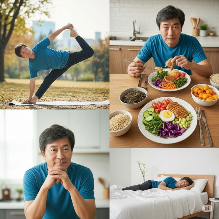 건강한 생활 습관(운동, 식단, 충분한 수면, 스트레스 관리)을 통해 당뇨를 극복하고 건강한 삶을 되찾은 한국인 남성의 행복한 모습 (4분할 컷)