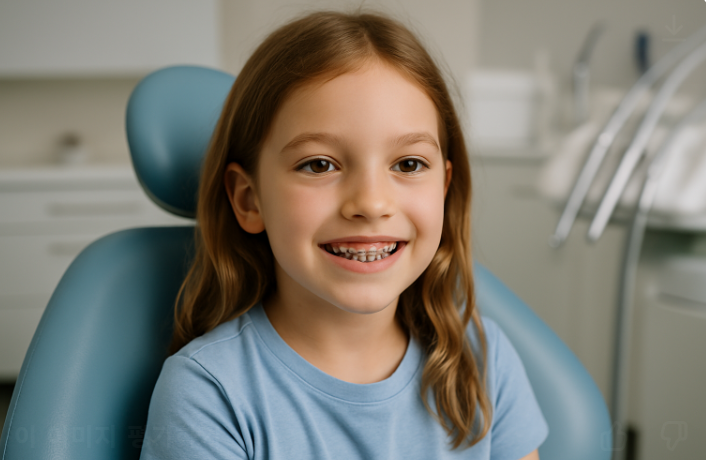 교정 장치를 한 여자 어린이 사진