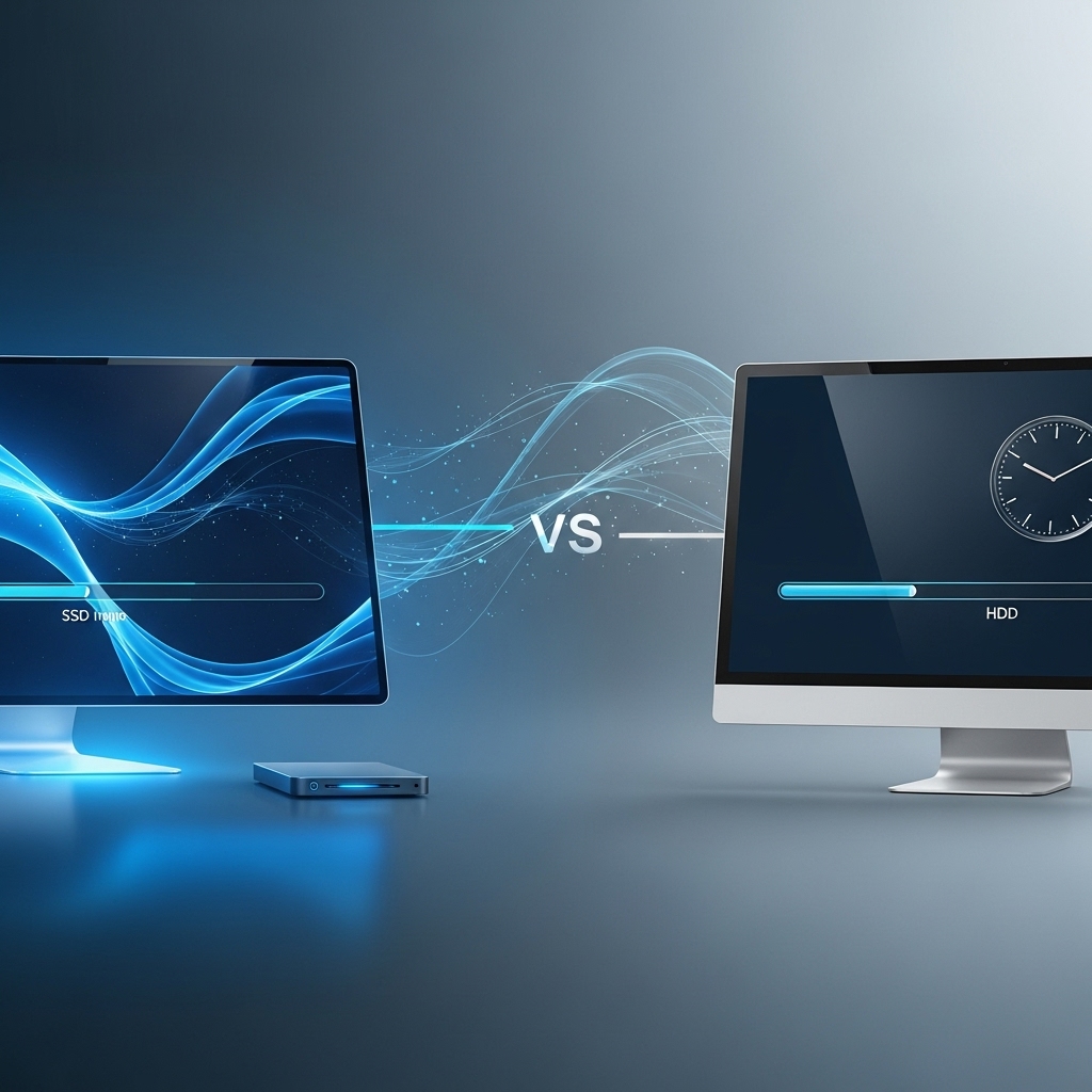 윈도우 11 설치 속도를 비교하는 이미지: 빠른 SSD와 느린 HDD 시스템의 진행 바