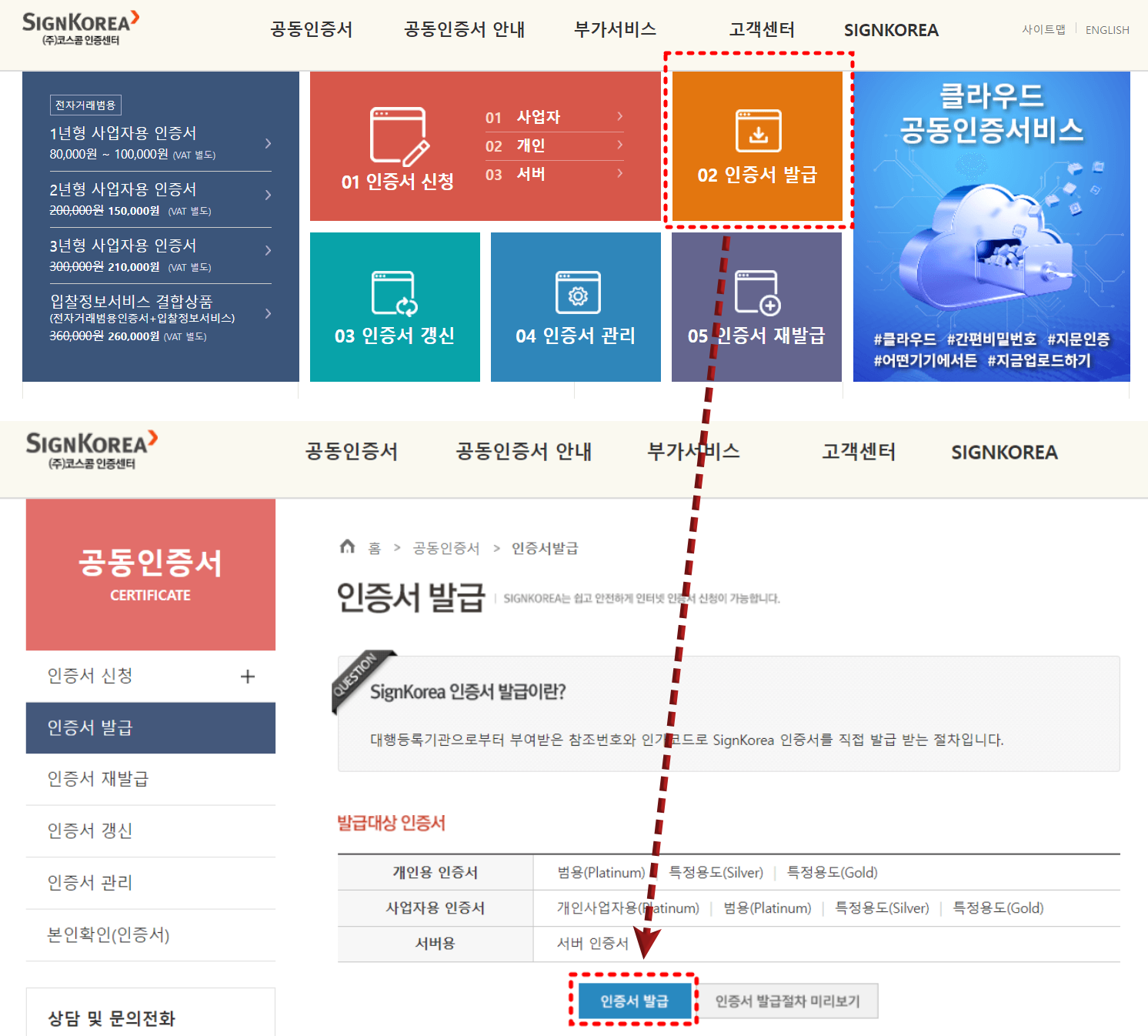 상단 범용인증서 발급 버튼 붉은 점선 박스
하단 인증서 발급 클릭버튼 붉은 점선 박스
상단 붉은 점선박스에서 하단 붉은 점선 박스 화살표로 연결