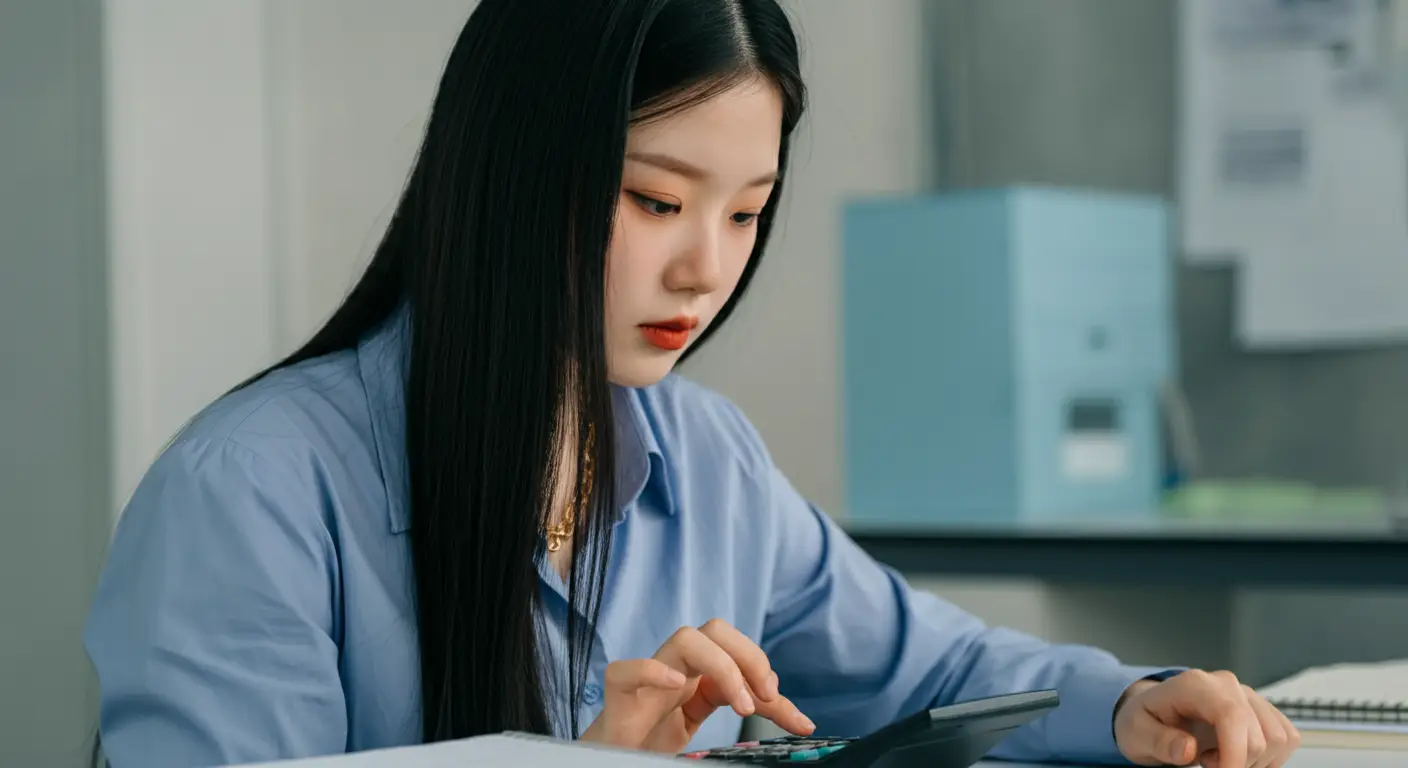 계산기를 사용하는 여성