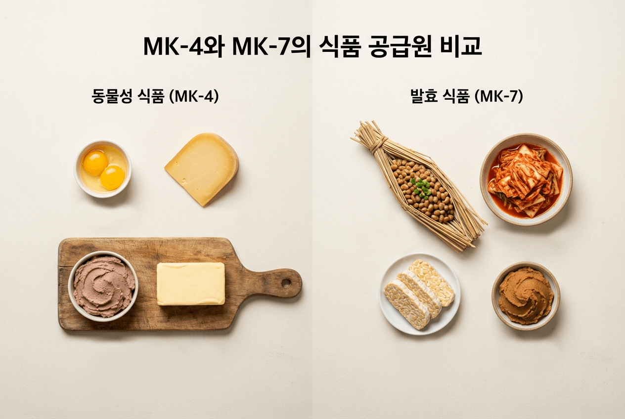 MK-4와 MK-7의 식품 공급원 비교. 동물성 식품과 발효 식품을 나란히 배치한 구성.
